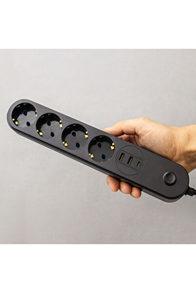 Badem10 4 Prizli 3 USB Girişli Akım Korumalı Topraklı Golyat Grup Şarj Fiş Priz 2 Metre Uzatma Kablosu