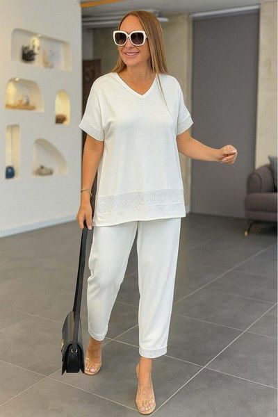 Aymood Women's Short Sleeve V-Neck Sequined Viscose Two Thread Blouse and Pants Set