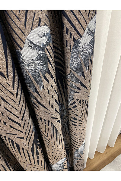 Brillant Kahverengi-Lacivert Kuş Desenli 1/3 SIK Pile Fon Perde