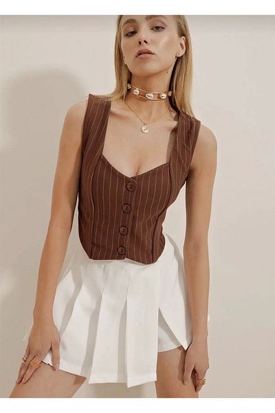 Zerenyus Striped Crepe Fabric Heart Collar Buttoned Crop Vest Brown
