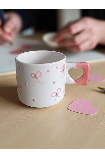 Simge Seramik Handcrafted Pink Ribbon Embroidered Natural Ceramic Mug Mug Tea / Cappuccino Cup