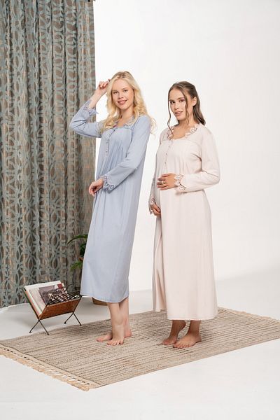 LOHOUSE Women's Beige Muslim Collar Lace Design Cotton Long Sleeve Maternity Nightdress