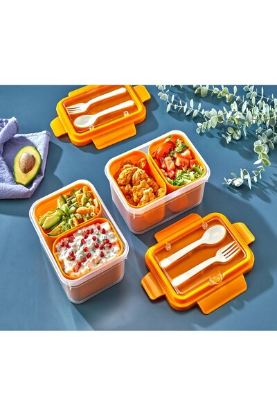 Duffa 2 Compartments Leakproof Lid Food Storage Container Student School Lunch Box Set with Spoon Fork 2 Colors