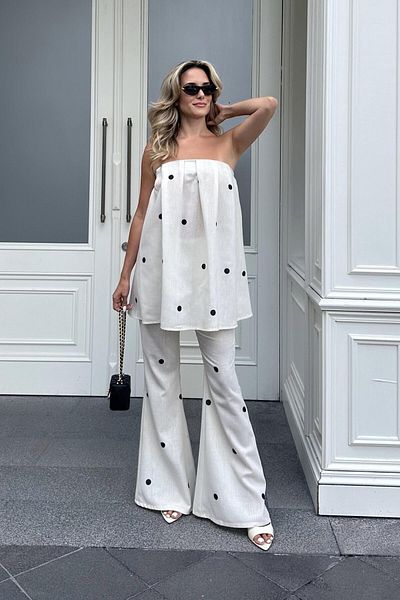 Laluvia White Black Polka Dot Strapless Blouse Pants Set