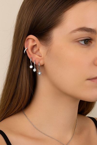 BY YASİN TOPÇU Vip Silver Color 6-Piece Star and Stone Detailed Hoop Earring Set