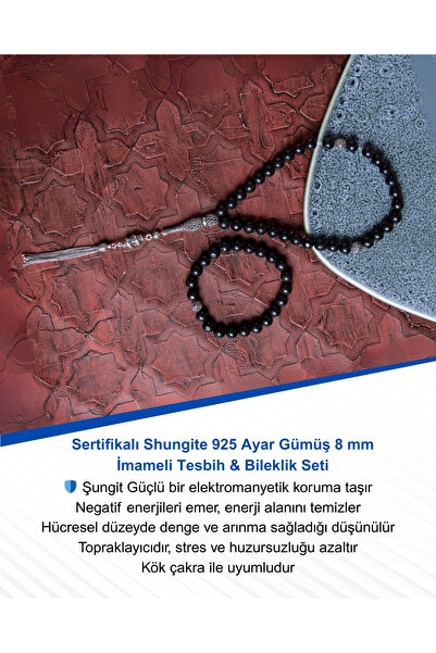 Saff Doğal Taş Sertifikalı Shungite 925 Ayar Gümüş 8 mm İmameli Tesbih & Bile...