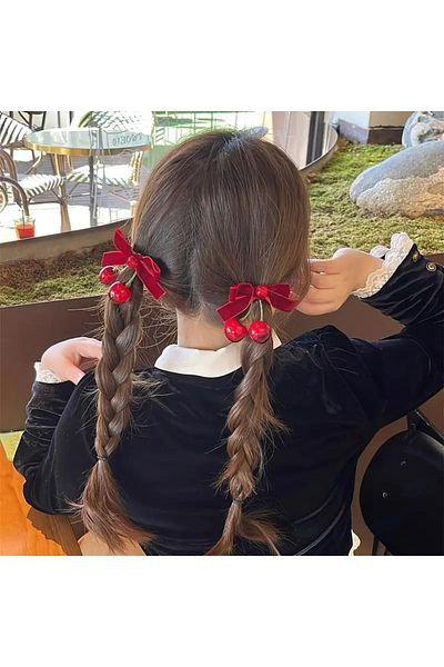 Efna Store Cherry Figured Velvet Bow Crystal Stone Detailed Red Color Double Children's Clamp Buckle