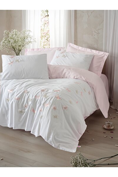 Cotton Box طقم غطاء لحاف مزدوج من الساتان مطرز ثلاثي الأبعاد بودرة ساحرة