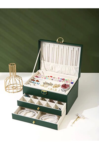 Evistro Dışı Deri İçi Kadife Kilitli 2 Çekmeceli Takı Bijuteri Mücevher Kutus...