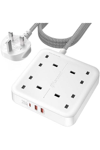 LENCENT Extension Lead with 4 Way Outlets, 3250W 13A Power Strip, PD 20W USB-C and 2 USB-A QC 3.0, 1