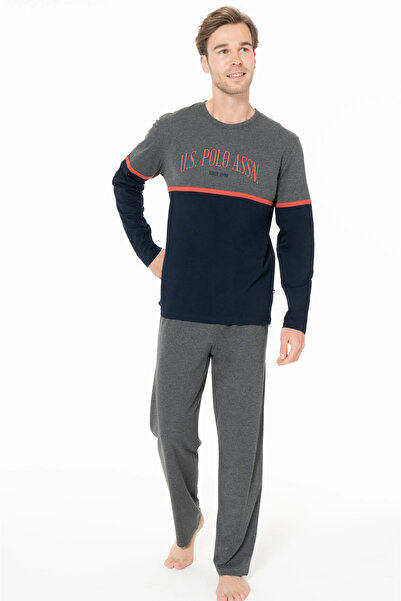 U.S. Polo Assn. Чоловічий піжамний комплект, з кишенями, довгими рукавами, велосипедним коміром, з принтом US Polo, темно-синій