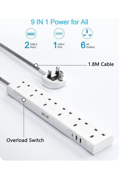 LENCENT Extension Lead with USB C Port, 3250W 13A, 6 Way Outlets Power Strip with 1 USB-C and 2 USB