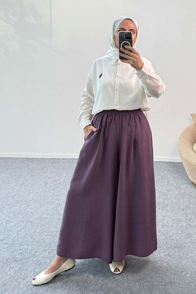 Hatun Atila Wide Leg Modal Skirt Trousers with Elastic Waist 8809 - Purple