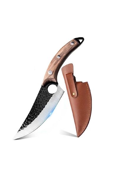 divendi-ro Japanese Stainless Steel Knife, Hand Forged, Leather Sheath, Ergonomic Wooden Handle, 15cm