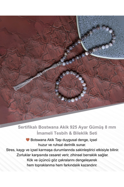 Saff Doğal Taş Sertifikalı Bostwana Akik 925 Ayar Gümüş 8 mm İmameli Tesbih &...