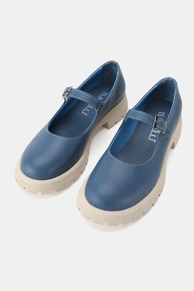 TUNAELLİ Women's Blue Khaki Natural Leather Mary Jane Shoes with Buckle Strap Size 36-41