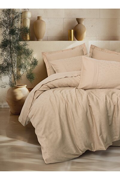 Cotton Box Jacquard Satin Double Duvet Cover Set Florita Beige