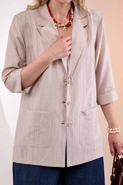 Roxxlen 1122577 Γυναικείο μπουφάν μεγάλου μεγέθους με τσέπες μπεζ