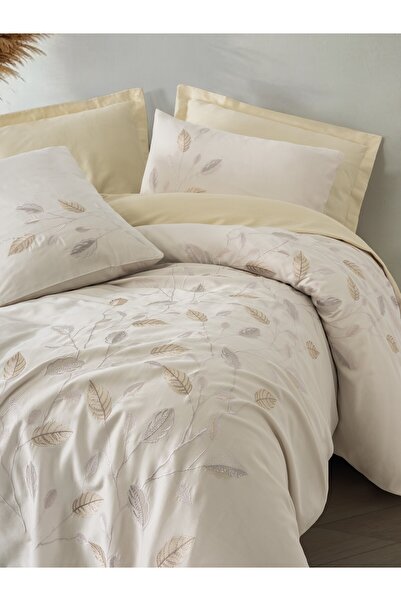Cotton Box Embroidered Satin Double Duvet Cover Set Blade Beige