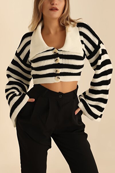 CULTURE BOUTIQUE Tricotaj crop cu dungi pentru femei, cu guler polo, cardigan...