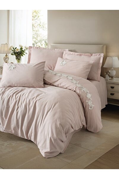 Cotton Box طقم غطاء لحاف مزدوج من الساتان المطرز ثلاثي الأبعاد زينا ليلك