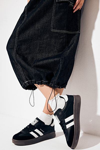 PowerSpeed Unisex Siyah Beyaz Kalın Termo Taban Yanı Şeritli Bağcıklı Spor Ayakkabı