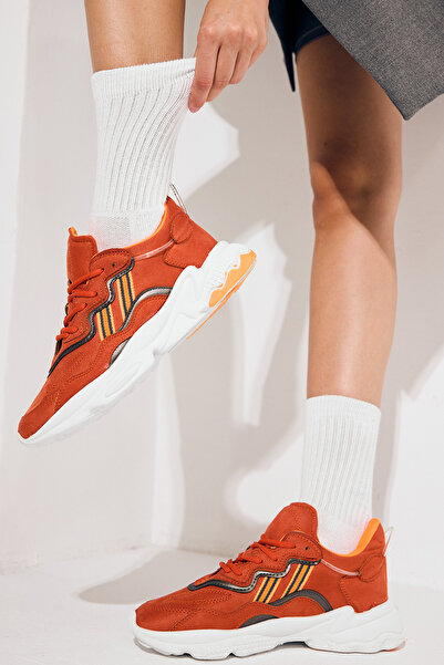 PowerSpeed Unisex Oranj Poli Taban Yüksek Taban Şeritli Bağcıklı Spor Ayakkabı