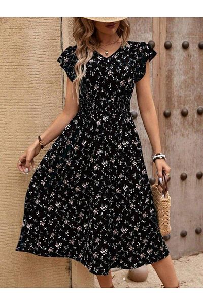 Aymood Women's Short Sleeve V Neck Elastic Waist Floral Print Single Jersey Dress