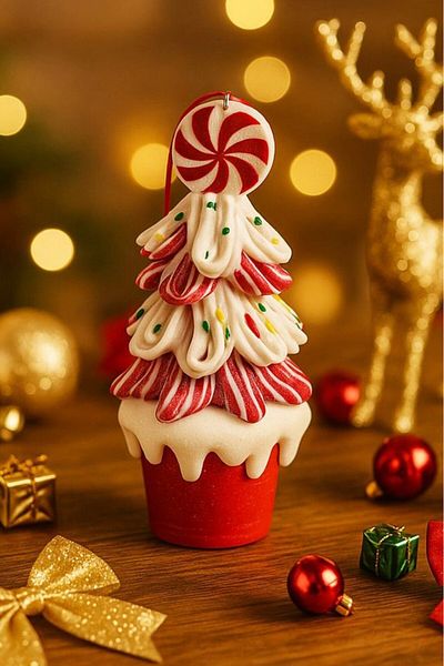BeySüS Christmas Tree Ornament Candy Patterned Red Potted Tree 16 cm