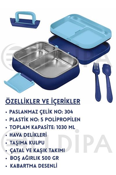 ELDİPA Two Compartment Lunch Container Patterned Lunch Container with Handle Bag 1.03L Stainless Steel