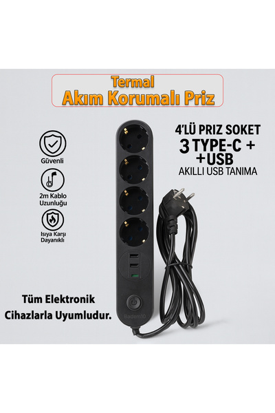 Badem10 4 Prizli 3 USB Girişli Akım Korumalı Topraklı Golyat Grup Şarj Fiş Priz 2 Metre Uzatma Kablosu
