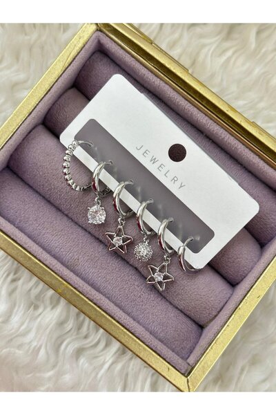 BY YASİN TOPÇU Vip Silver Color 6-Piece Star and Stone Detailed Hoop Earring Set