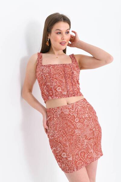 MOVİMENT Women's Tile Tulle Printed Lined Knitted Top-Top (Crop-Skirt) Set