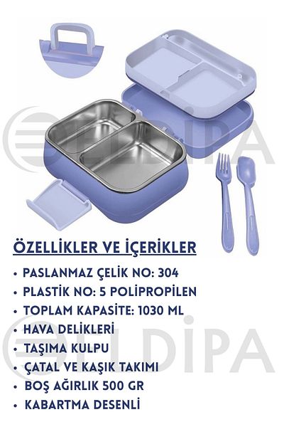 ELDİPA Two Compartment Lunch Container Patterned Lunch Container with Handle Bag 1.03L Stainless Steel