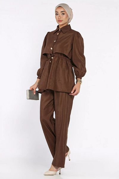 julude Brown Women's Gold Buttoned Waist Tie Detailed Tunic Trousers Hijab Two-Piece Suit (S-M-L Size Compatible)