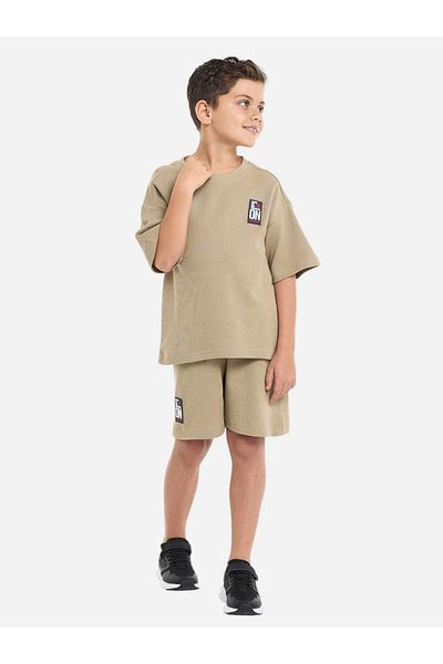 Victor and Jane By Styli Boys Khaki Textured Oversized T-Shirt and Shorts Set