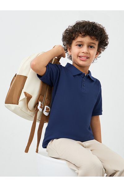 Styli Boys Navy Blue Solid Cotton Polo T-Shirt