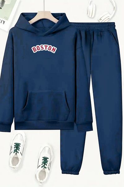 CLAYES Unisex Navy Blue Boston Red Printed Tracksuit Hoodie - Winter Hooded Fabric
