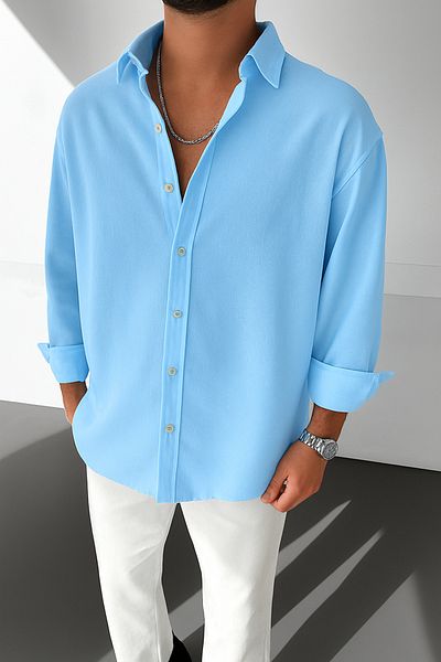 WAMOSSALAPLI Ayrobin Textured Owersie Linen Baby Blue Men's Shirt
