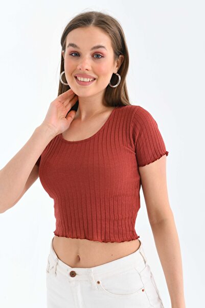 MOVİMENT Women's Tile Ribbed Body Fitting Pool Collar Crop Knitted Blouse