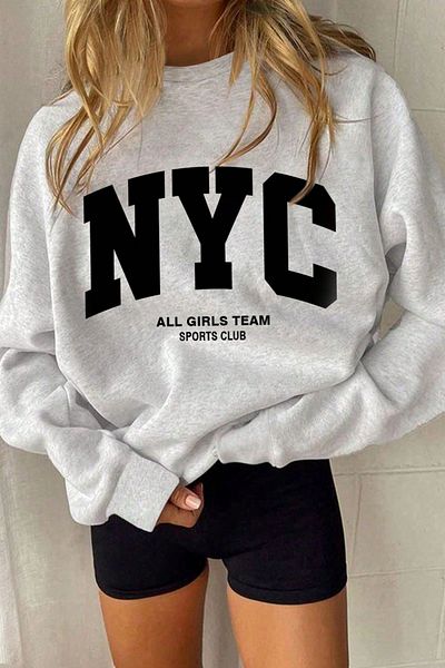 Know Women's Gray Nyc Printed Crew Neck Oversize Sweatshirt