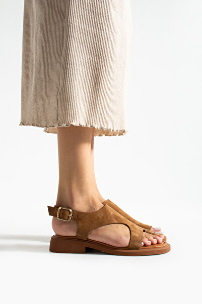 Siena Shoes Domin Kadın Parmak Arası Hakiki Deri Sandalet Taba Süet