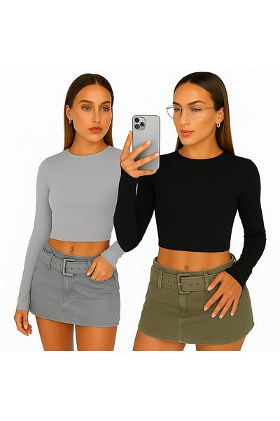 ÖZ PAMUK Öz Pamuk 2Li̇ Adet Crew Neck Basic Long Sleeve Lycra Body