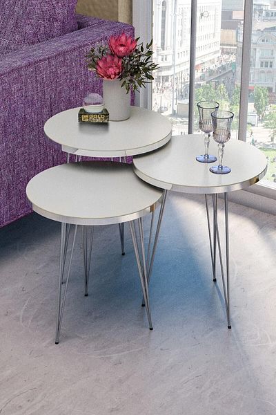 GOLDFALEZ Silver White Nesting Tables Set with Wire Legs - Modern Round Tables (Set of 3)