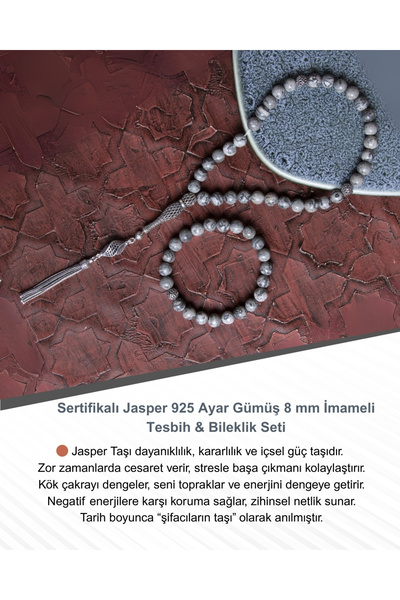 Saff Doğal Taş Sertifikalı Jasper 925 Ayar Gümüş 8 mm İmameli Tesbih & Bilekl...