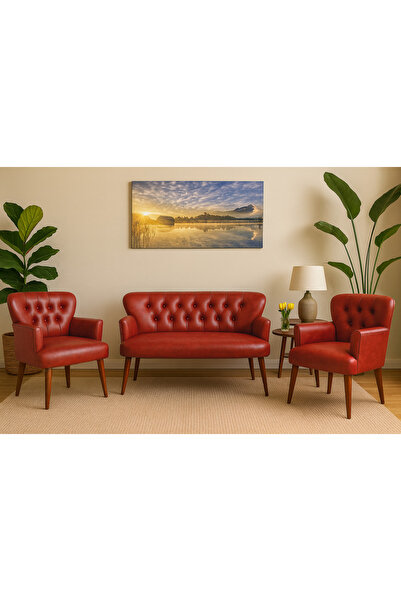 Azra Mobilya Kırmızı Deri Chester Tarz Koltuk Takımı Modern Tasarım, Dayanıklı Ahşap Ayaklı Oturma Grubu (2+1+1)