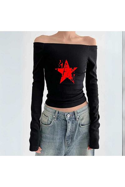 Touz Streetwear Printed Lace Black Long Sleeve Blouse