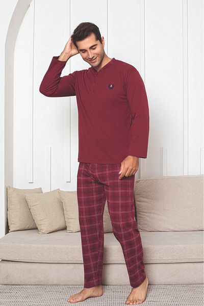 Farya Home Dreamy Cotton Plaid Checked Long Sleeve Button-Down Collar Men's Pajama Set