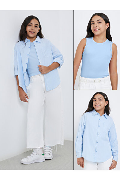 Styli Pack of 2 - Girls Blue Striped Shirt and Rib Tank