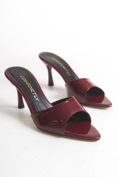 Melacomfort Burgundy Patent Leather Thin Heeled Women's Slippers